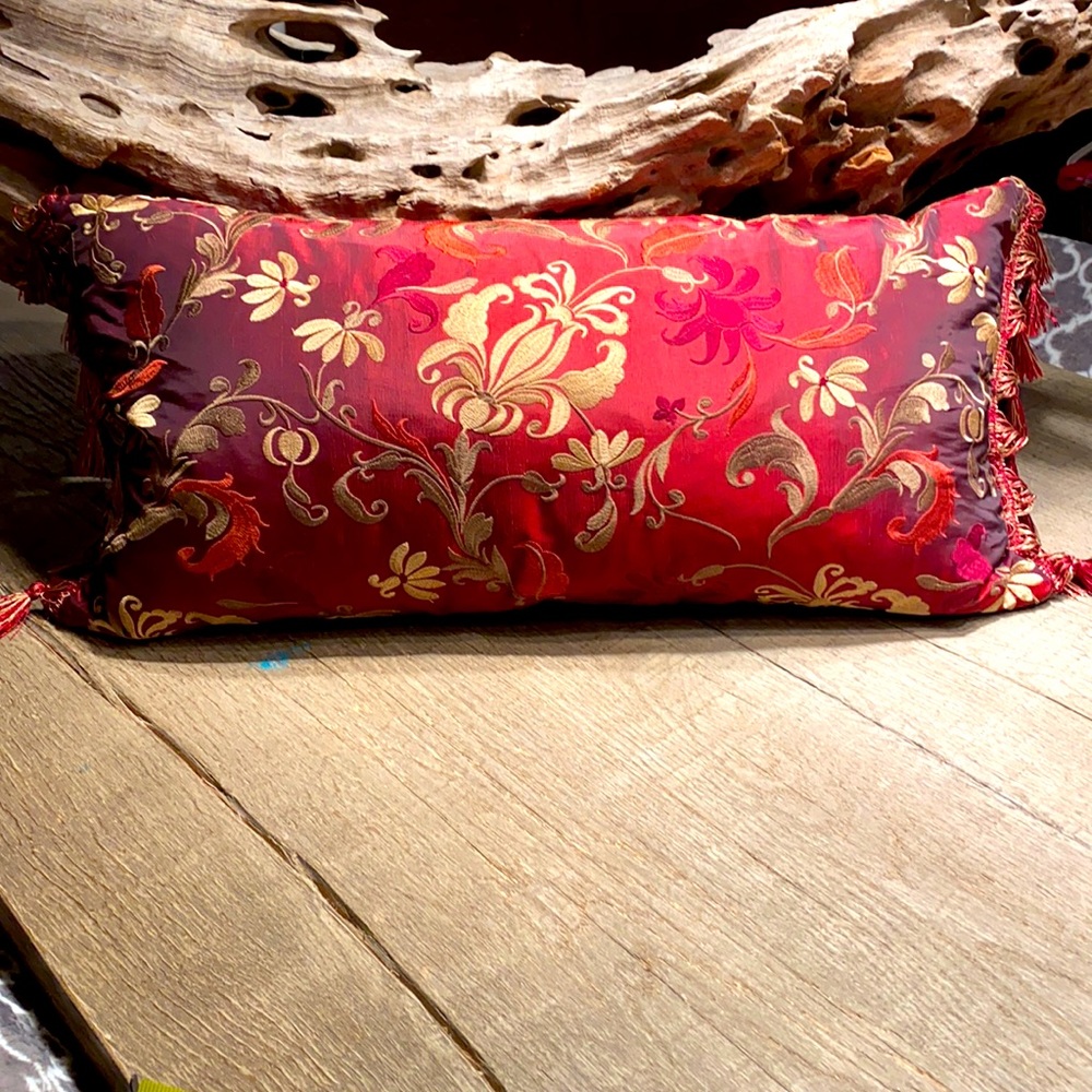 Red, gold, sage and sienna silk tassel pillow